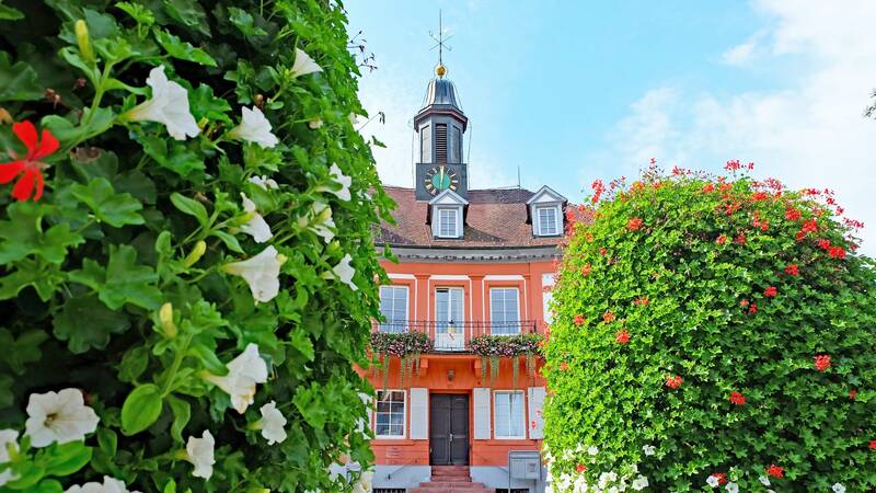 Blumensäulen und dazwischen ein Gebäude mit Turm