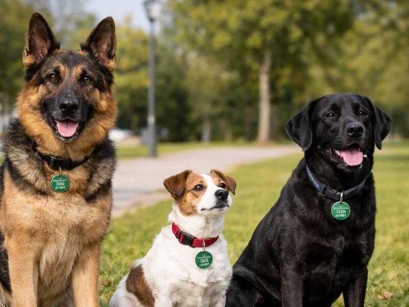KI-generiert: Drei sitzende Hunde auf einer Wiese