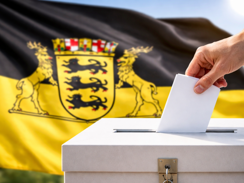 Vor der baden-württembergischen Landesflagge sieht man eine Hand, die ein Schriftstück in eine verschlossene Wahlurne wirft