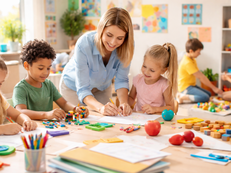 KI-generiert: Erzieherin und Kinder basteln an einem Tisch, auf dem viele Bastelmaterialien liegen