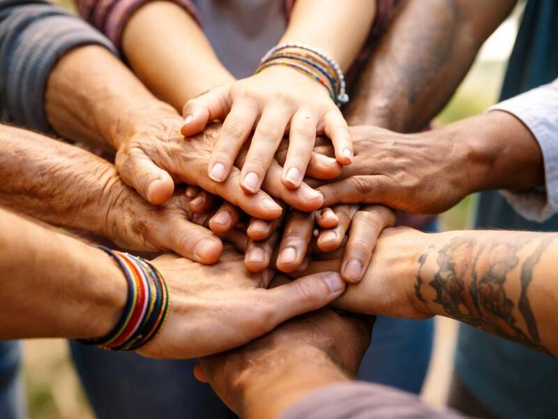 KI generiert: Hände von verschiedenen Personen, die sich in der Mitte treffen und übereinander liegen