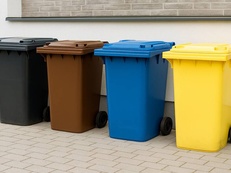 Eine schwarze, eine braune, eine blaue und eine gelbe Mülltonne stehen in einer Reihe vor einem Gebäude 