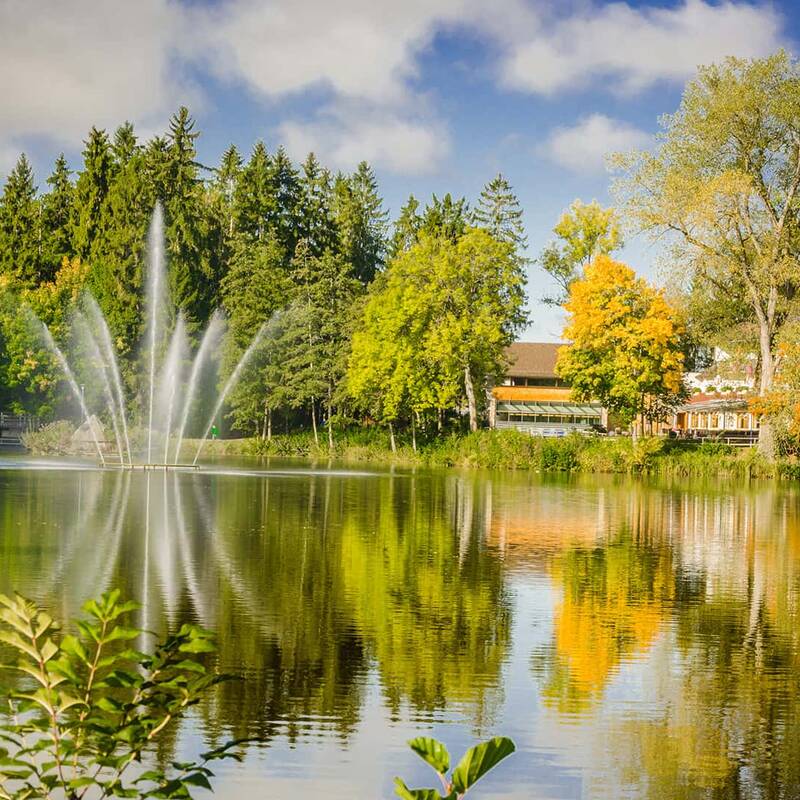 See mit Springbrunnen, umgeben von Bäumen mit grünen und herbstlich gefärbten Blättern, im Hintergrund das Hotel Salinensee