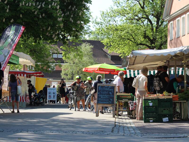 Marktstand mit grün-weiß gestreiftem Dach, mehrere Menschen und Bäume an einem sonnigen Tag auf einem Wochenmarkt.