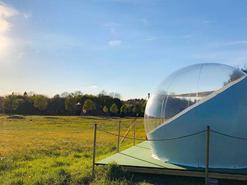 Transparente, auf einer Plattform stehendes Bubble-Tent in einer Wiese bei Sonnenlicht mit Bäumen im Hintergrund