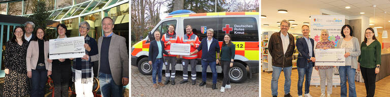 Verschiedene Menschengruppen mit jeweils einem großen Scheck mit der Aufschrift "Tagessuppe mit Sinn"