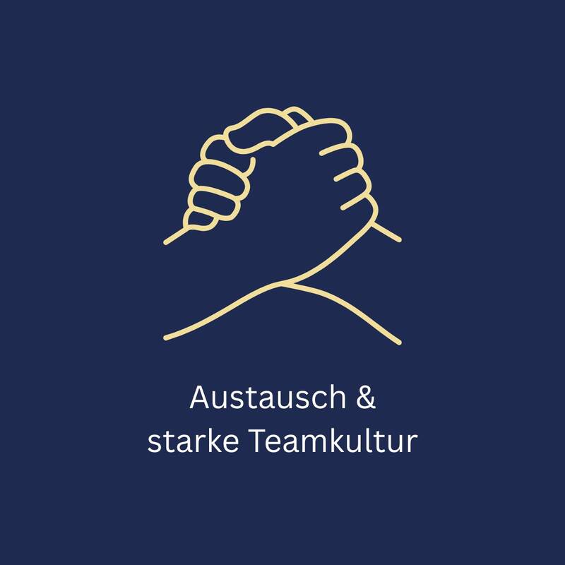blauer Hintergrund, gelbes Icon mit zwei ineinander greifenden Händen mit dem Schriftzug "Austausch und starke Teamkultur"