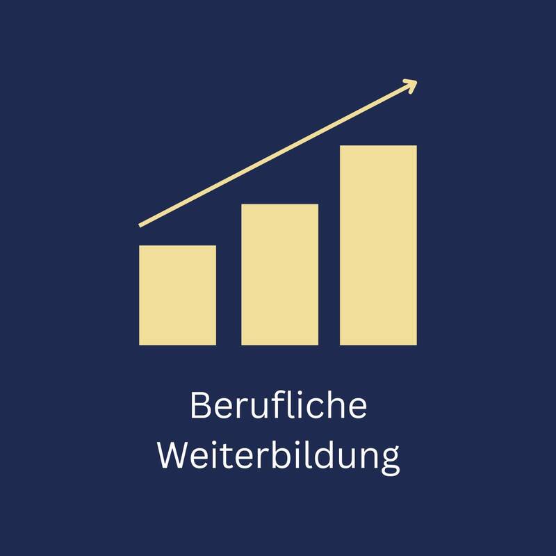 blauer Hintergrund, gelbes Icon mit einem Pfeil nach rechts oben über drei unterschiedlich hohen Balken, Schriftzug Berufliche Weiterbildung