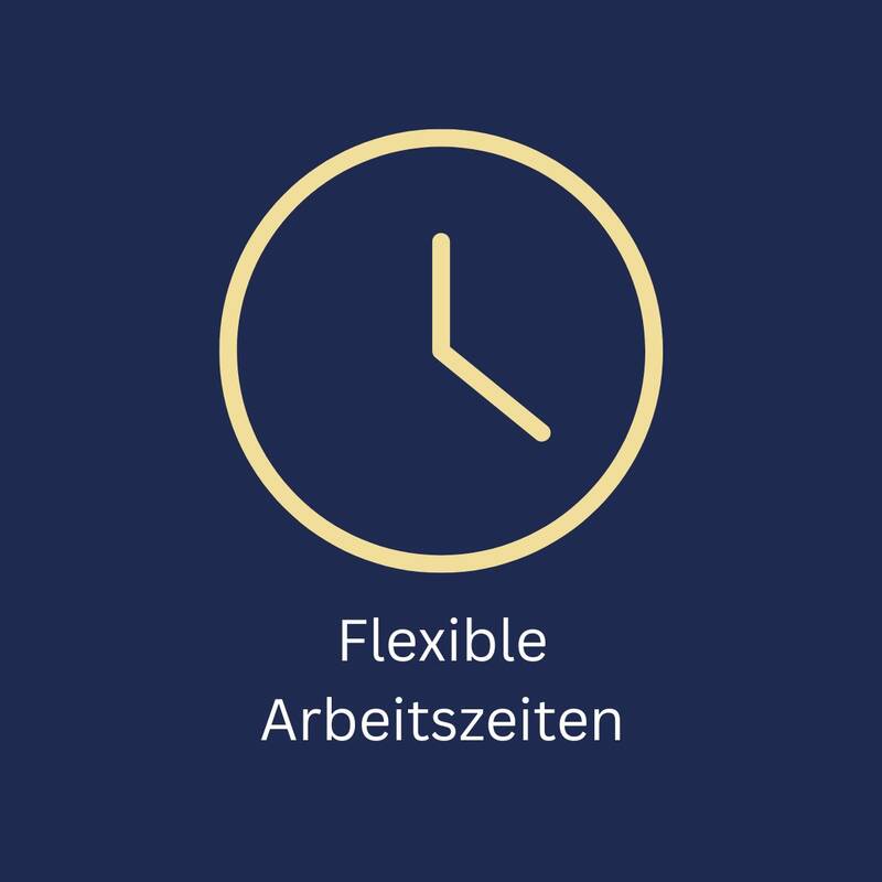 blauer Hintergrund, gelbes Icon mit einer Uhr, Schriftzug unterhalb Flexible Arbeitszeiten