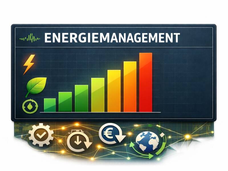KI-generiert: Balken in verschiedenen Farben sowie  stilistische Zeichen und der Aufschrift Energiemanagement