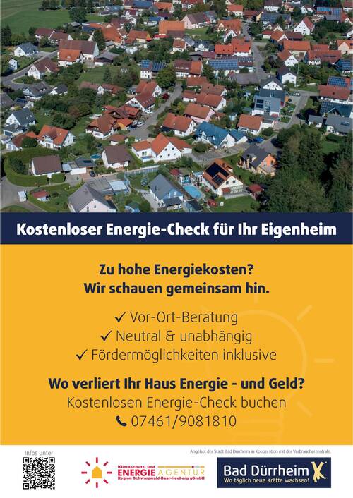 Plakat zu den kostenlosen Energie Checks mit Häusern von oben