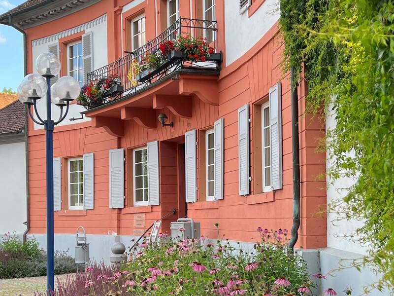 Ein Blumenbeet vor einem Gebäude