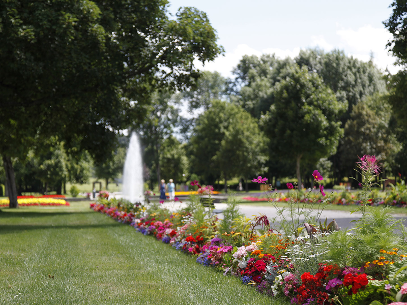 Lange Blumenreihe mit bunten Blüten entlang eines Wegs im Kurpark, im Hintergrund Springbrunnen und Bäume.