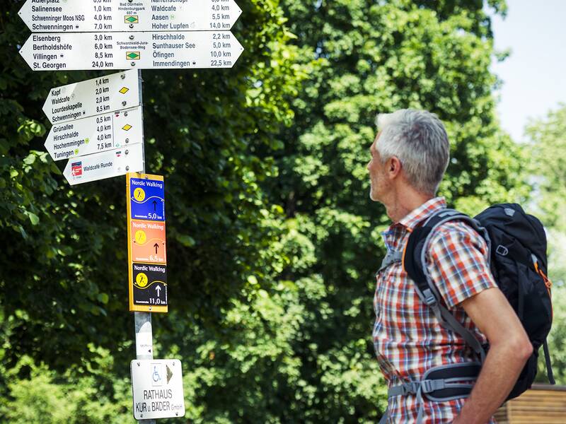 Mann mit Rucksack und kariertem Hemd steht vor einem Wegweiser mit mehreren Schildern in einem bewaldeten Gebiet.