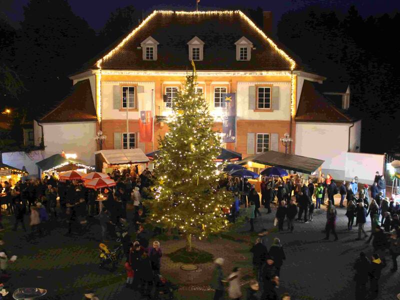 Weihnachtlich beleuchteter Christbaum vor einem historischen Gebäude, umgeben von Marktständen und Menschen auf einem Weihnachtsmarkt bei Nacht.