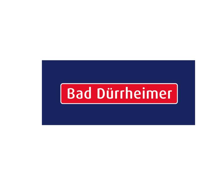 Logo mit rotem Rechteck und weißer Schrift 'Bad Dürrheimer' sowie dem Slogan 'so kostbar wie unsere natur.' auf dunkelblauem Hintergrund