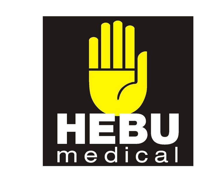 Gelbe stilisierte Hand über dem weißen Schriftzug 'HEBU medical' auf schwarzem quadratischem Hintergrund