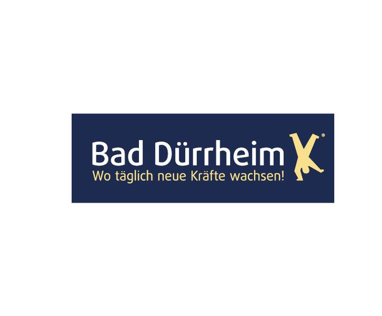 Logo mit dem Text 'Bad Dürrheim Wo täglich neue Kräfte wachsen' und einer stilisierten gelben Figur auf blauem Hintergrund