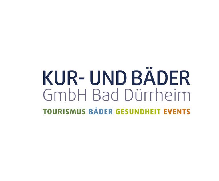 Schriftzug 'KUR- UND BÄDER GmbH Bad Dürrheim TOURISMUS BÄDER GESUNDHEIT EVENTS' in verschiedenen Farben