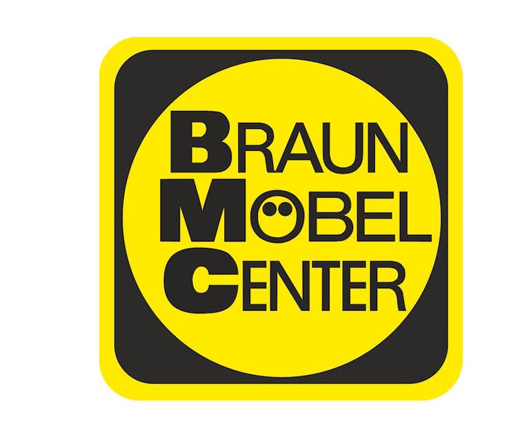 Schwarze und gelbe Logo mit den Buchstaben B M C und dem Text BRAUN MÖBEL CENTER.
