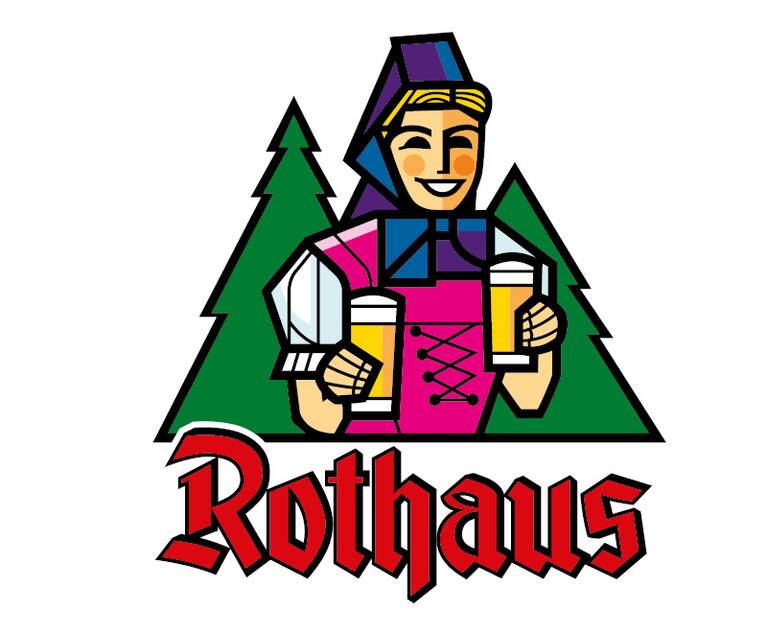 Logo der Rothaus-Brauerei mit einer Figur in traditioneller Tracht, die zwei Biergläser hält, vor zwei stilisierten Tannenbäumen