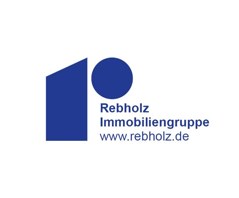 Blaues Logo mit stilisierter Hausform und Kreis sowie Text 'Rebholz Immobiliengruppe www.rebholz.de'