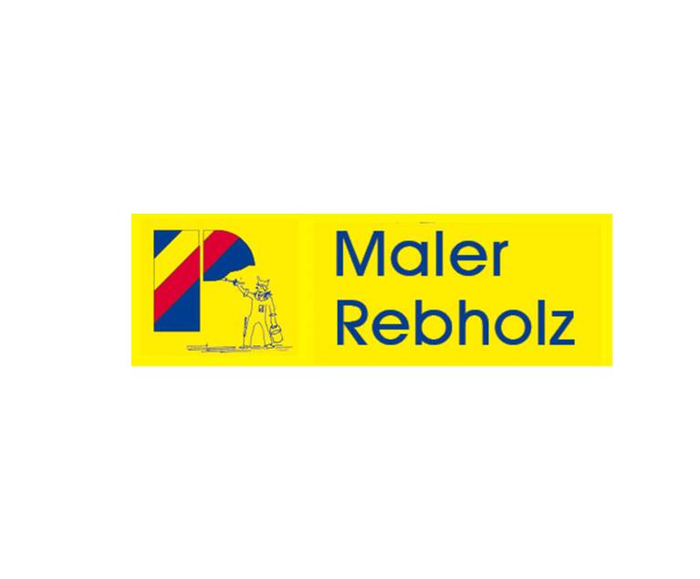 Gelbes Logo mit stilisiertem Pinsel und Malerfigur neben dem Text 'Maler Rebholz'
