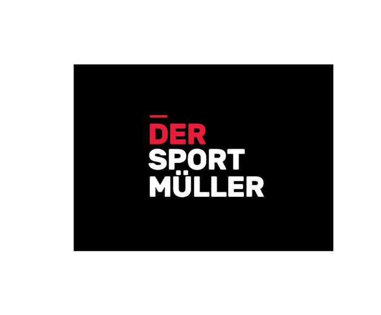 Schwarzer Hintergrund mit dem Schriftzug 'DER' in Rot und 'SPORT MÜLLER' in Weiß in Großbuchstaben